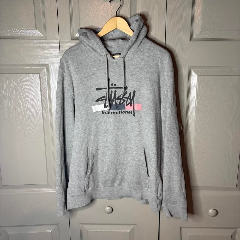 Vintage Stussy Hoodie Grey International Graphic Pullover Made in USA Mens XL